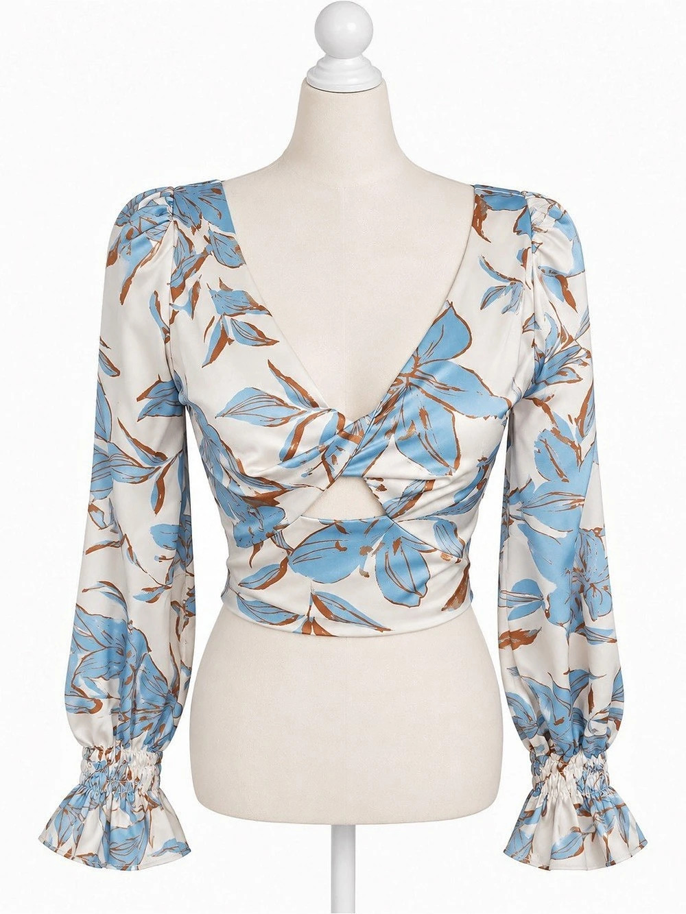 4SI3NNA Floral Crop Top XS Blue White Long Sleeve Ruched Boho Romantic Coquette